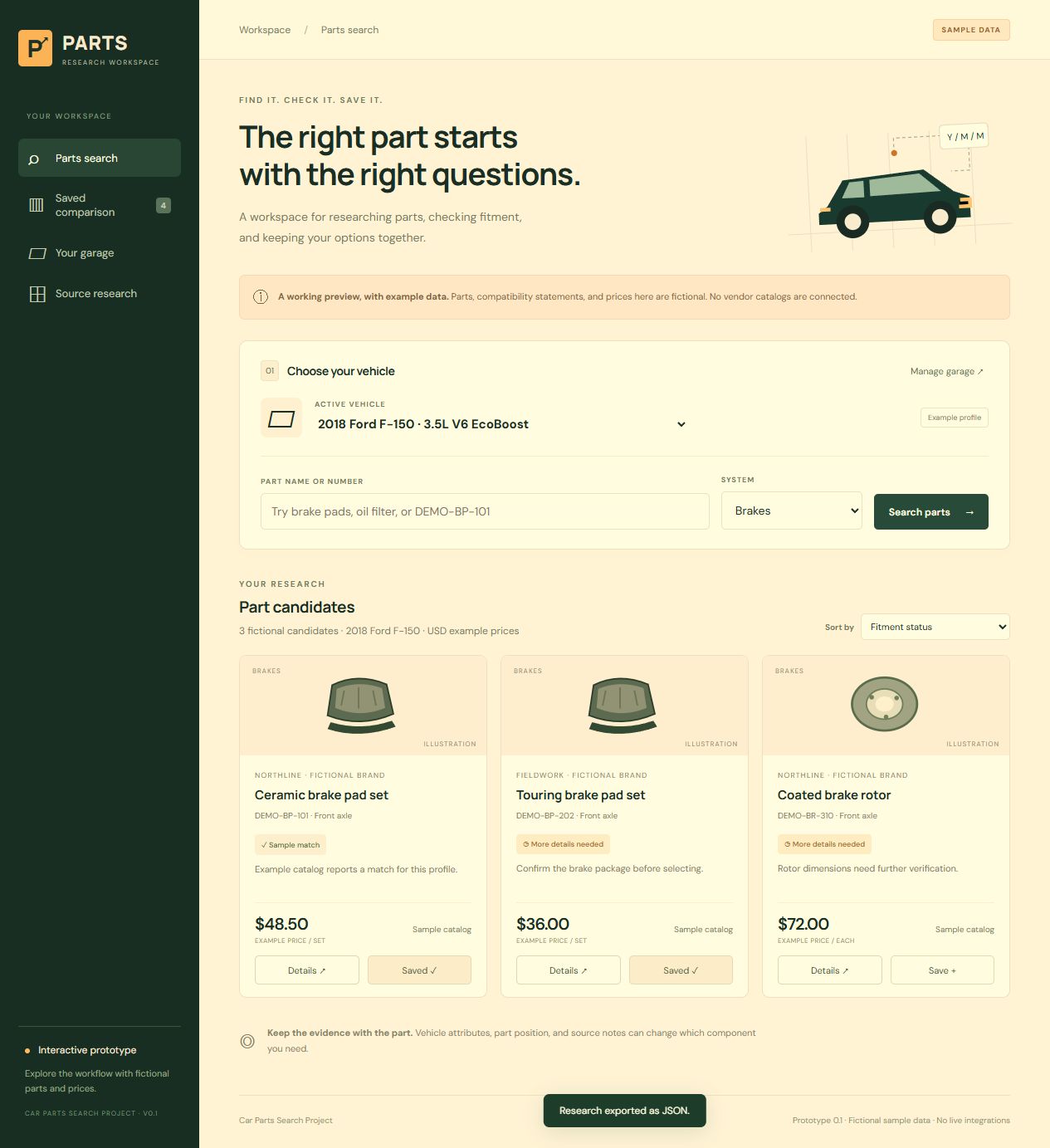 Parts research workspace · fictional sample data