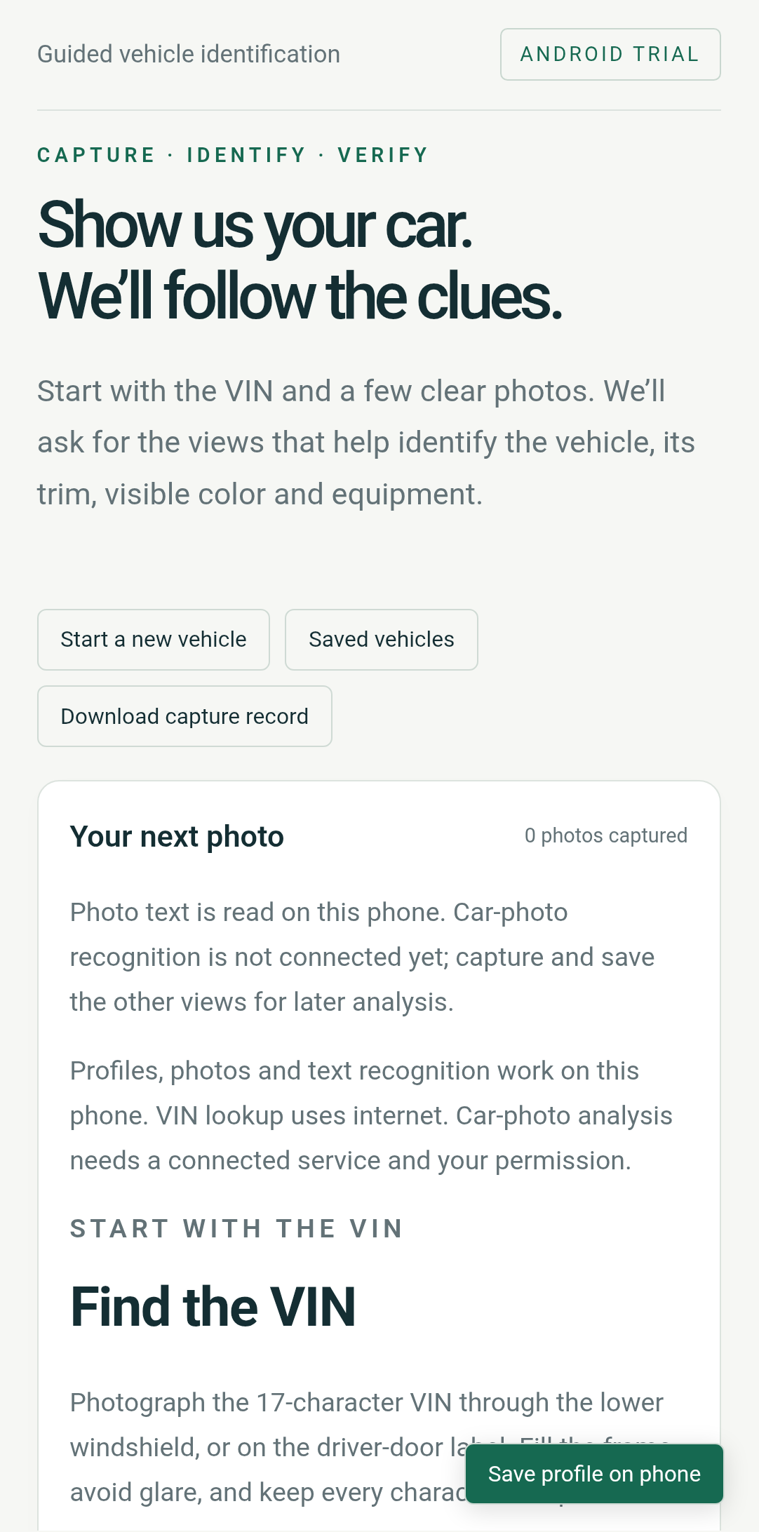 Guided vehicle capture · Android trial